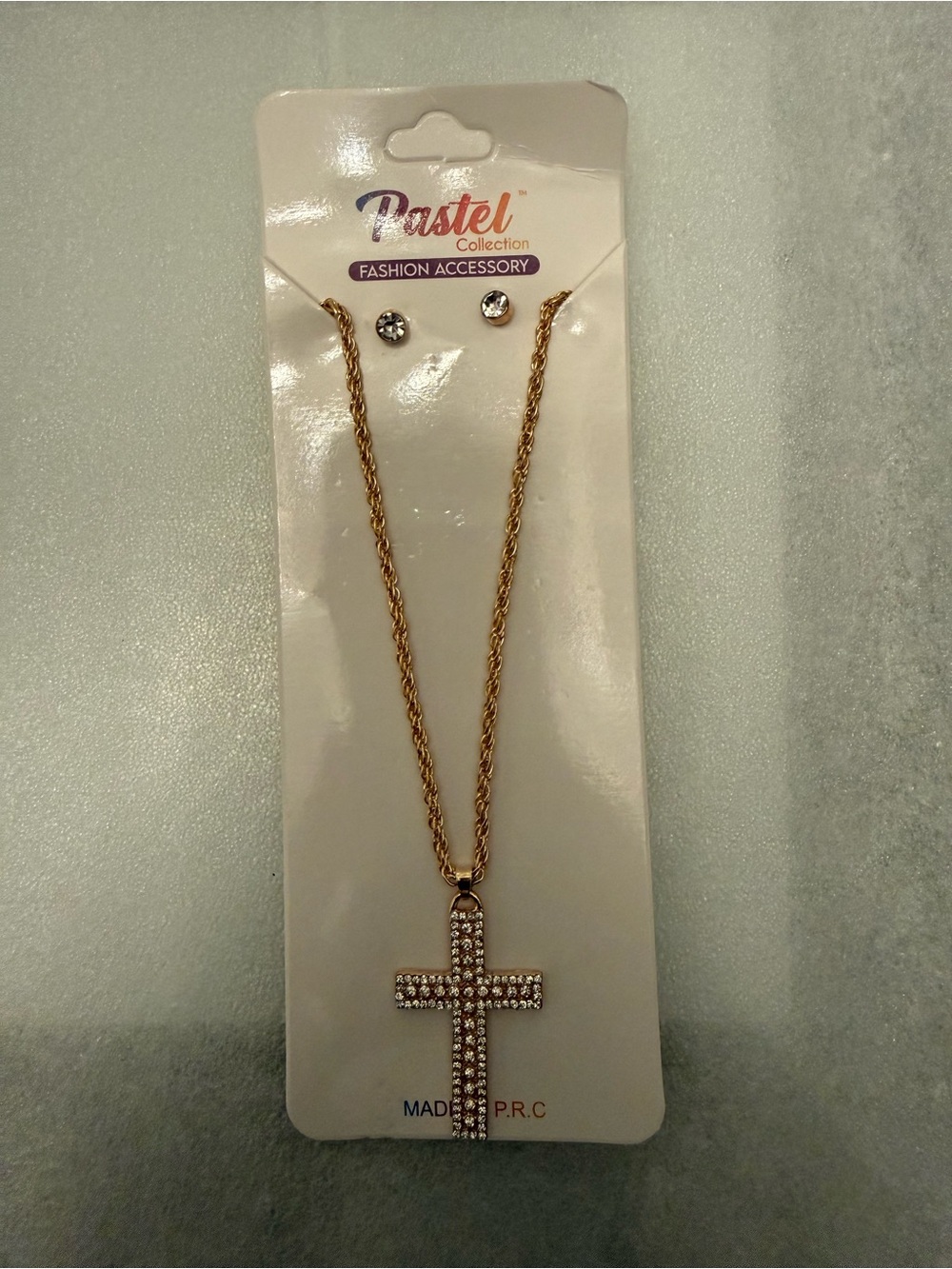 Pastels Gold Cross Pendant Necklace with Crystal Studs